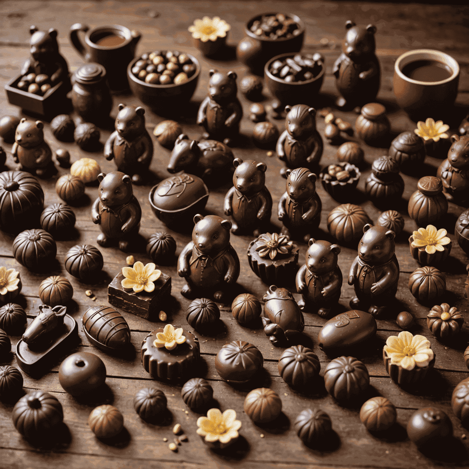 A collection of handmade chocolate figurines, including intricate animals, delicate flowers, and whimsical characters, all crafted from rich, glossy chocolate in various shades from milk to dark. The figurines are arranged on a rustic wooden table with cocoa beans and chocolate-making tools scattered around.