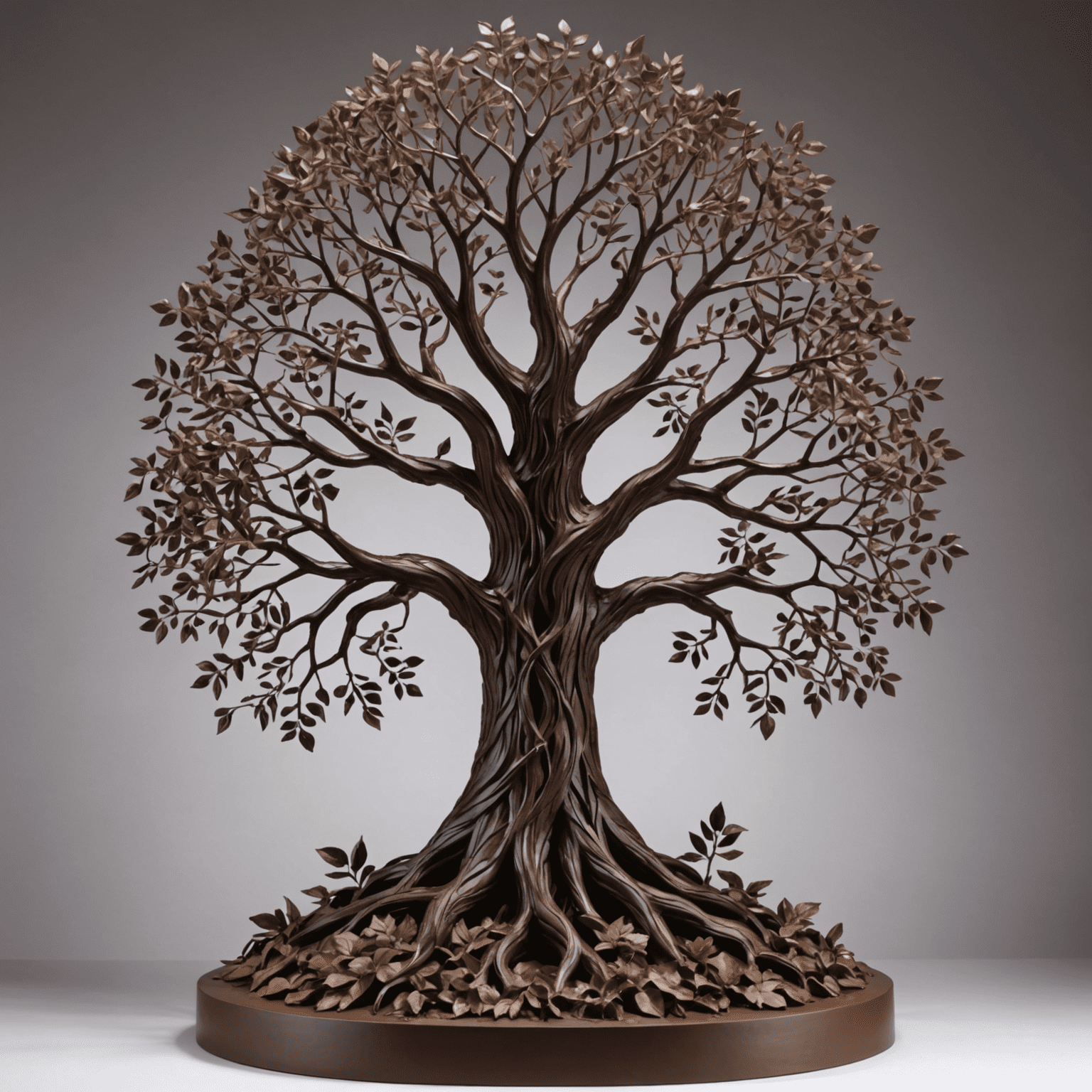 Intricate chocolate sculpture of a majestic tree with delicate branches and leaves, standing about 3 feet tall. The sculpture showcases various shades of chocolate, from dark to milk to white, creating a stunning visual effect. The artist, a woman in her mid-30s, stands proudly next to her creation.