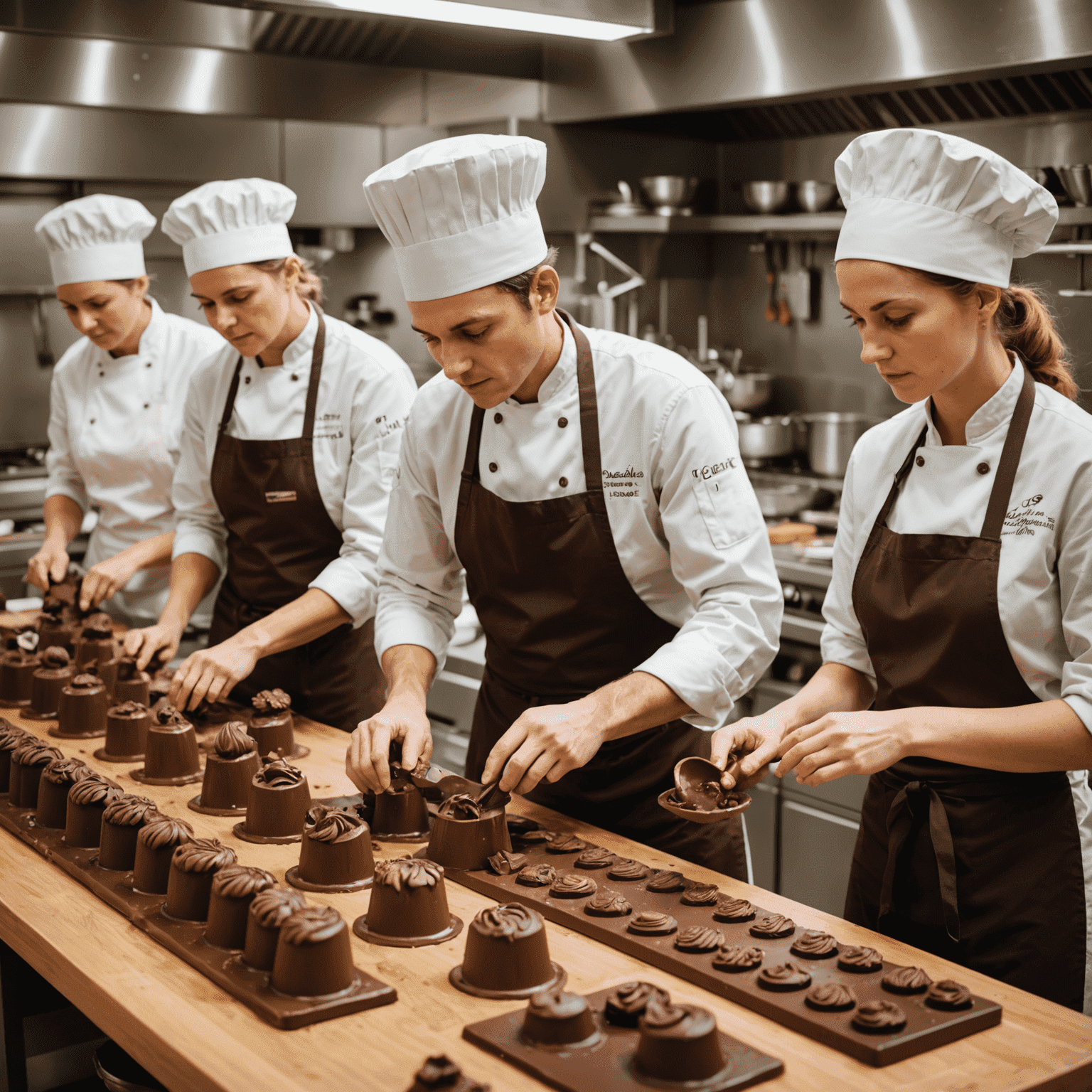 A group of people in a bright, modern kitchen workspace, wearing aprons and chef hats, creating various chocolate figurines. The image shows hands molding chocolate, intricate chocolate molds, and finished chocolate sculptures on display.
