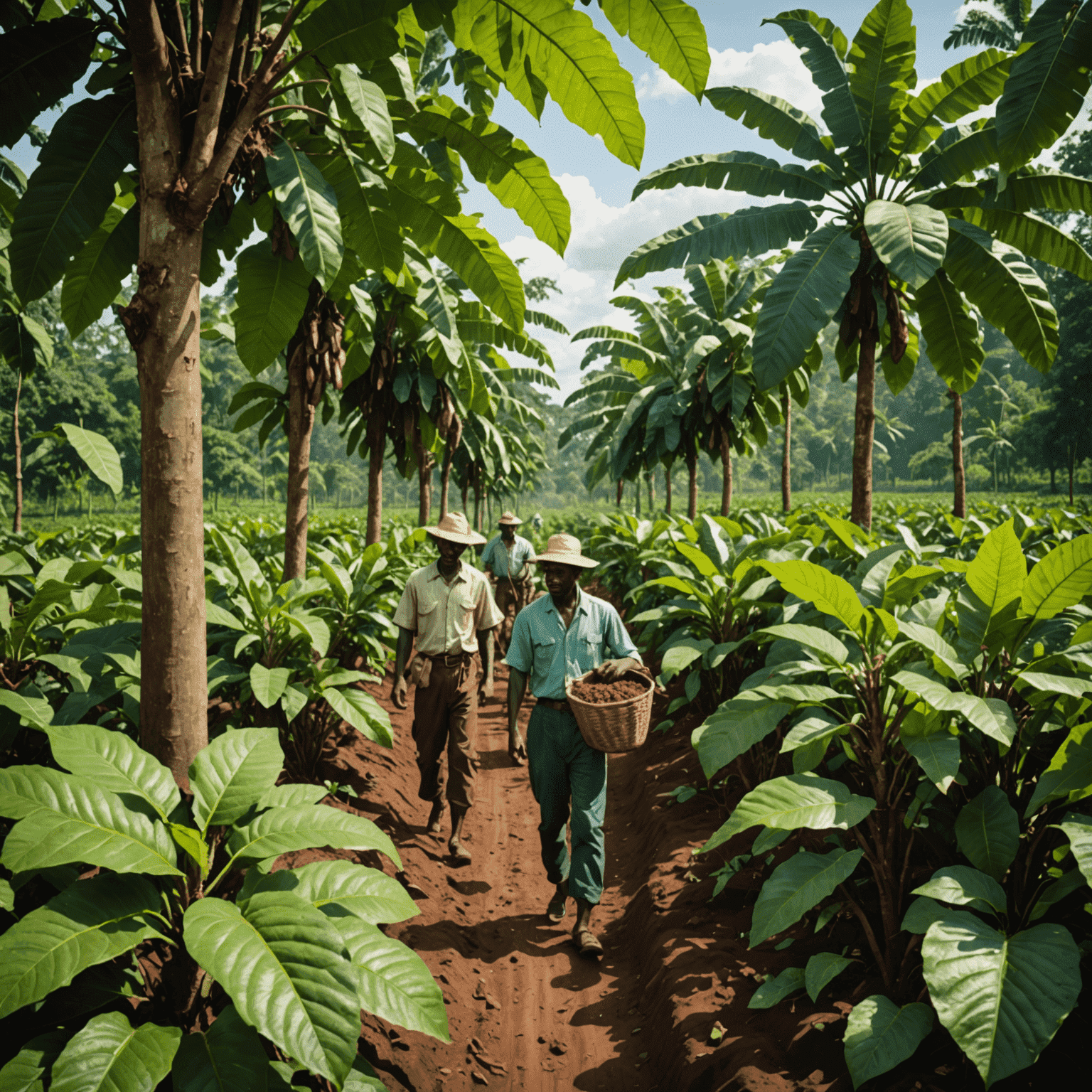 A lush cocoa plantation with farmers carefully tending to cocoa trees, showcasing sustainable farming practices