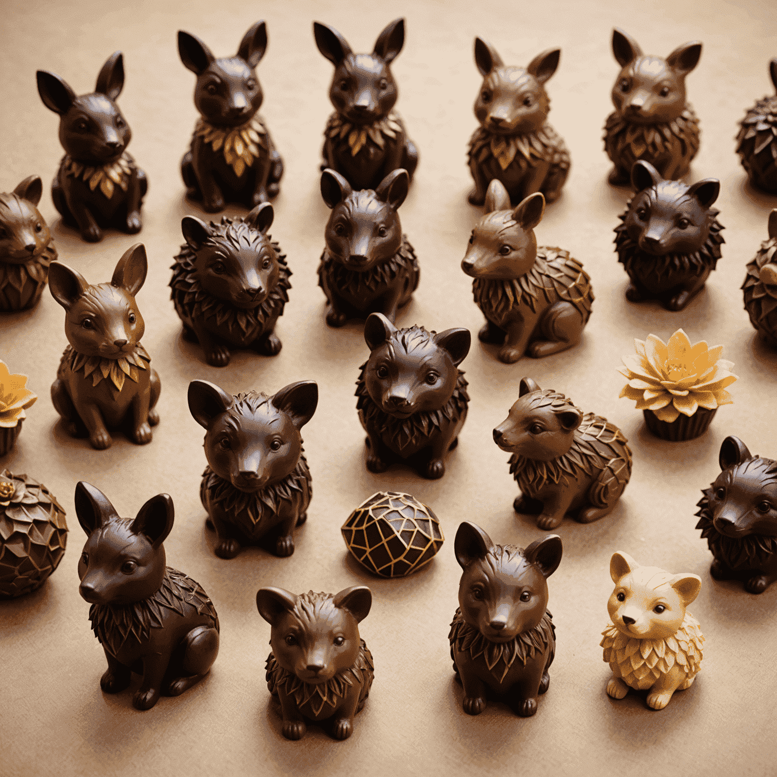 A variety of handmade chocolate figurines arranged beautifully, showcasing different shapes like animals, flowers, and geometric designs