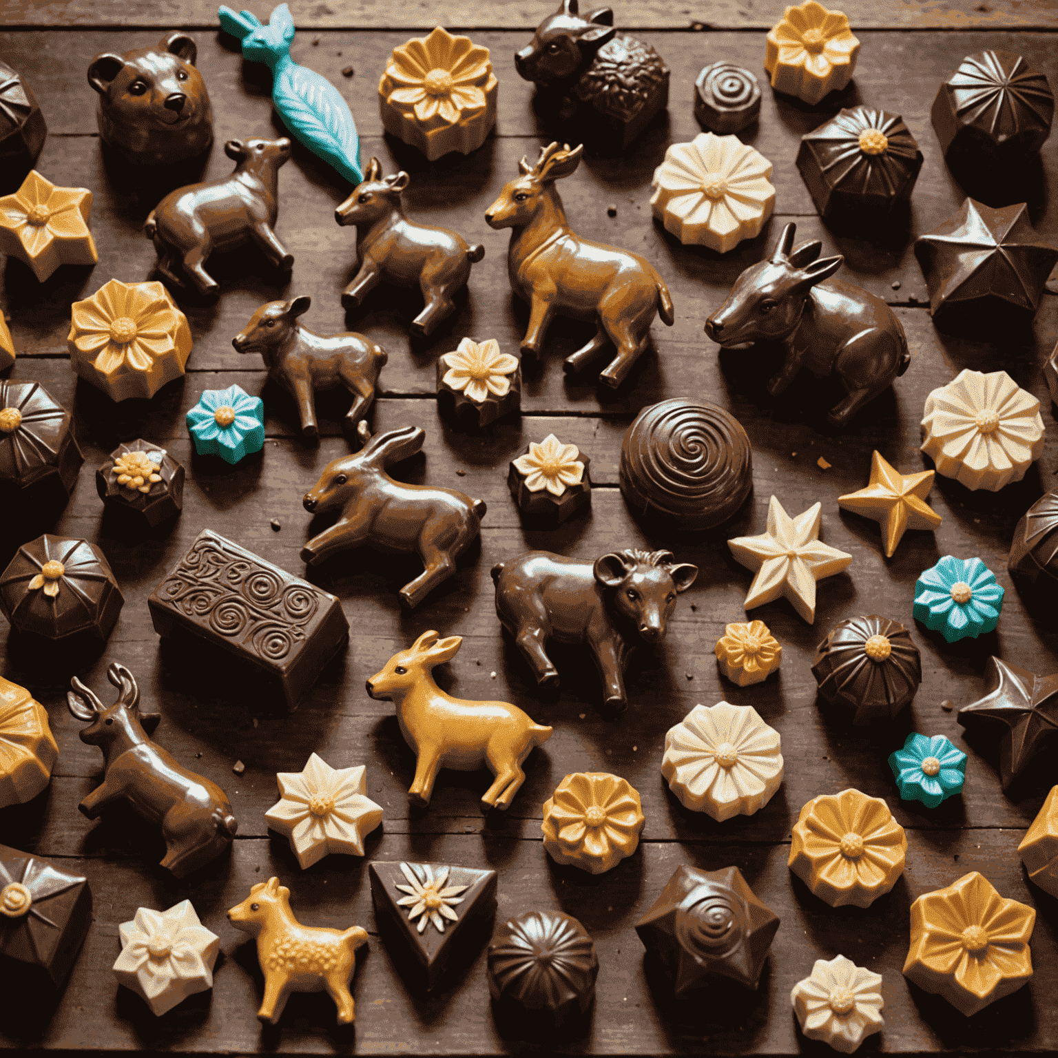 A variety of handmade chocolate figurines, including animals, flowers, and geometric shapes, displayed on a rustic wooden table. The chocolates have a glossy finish and intricate details, showcasing the artistry of custom chocolate making.