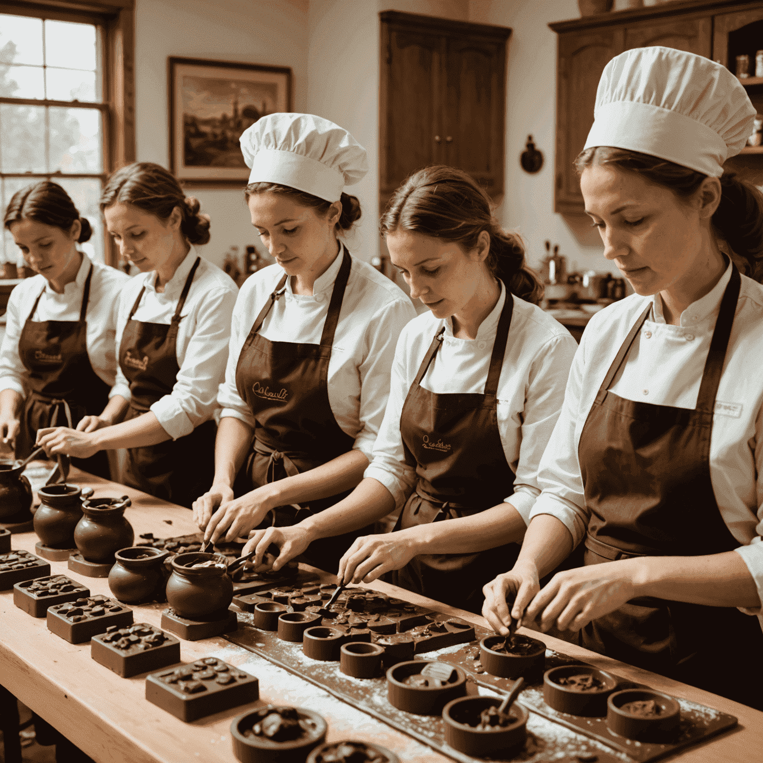 A group of people participating in a chocolate figurine making workshop. They are wearing aprons and working with chocolate molds, piping bags, and various tools. The atmosphere is warm and inviting, with rich chocolate aromas filling the air.