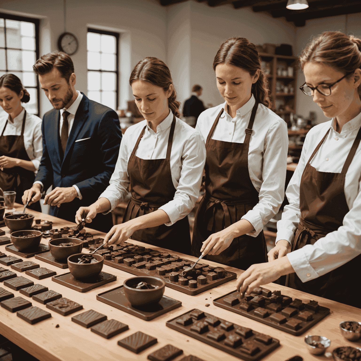 A group of people in business attire participating in a chocolate-making workshop, creating various chocolate figurines together