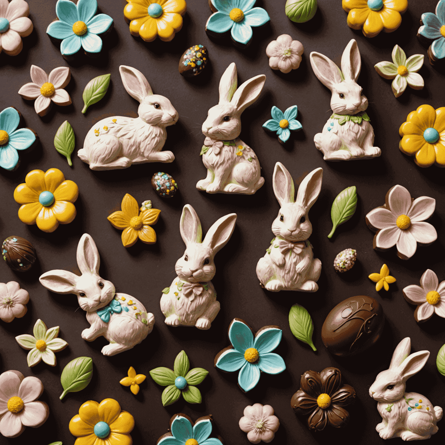 Spring chocolate collection featuring Easter bunnies, flowers, and butterflies made from artisanal chocolate
