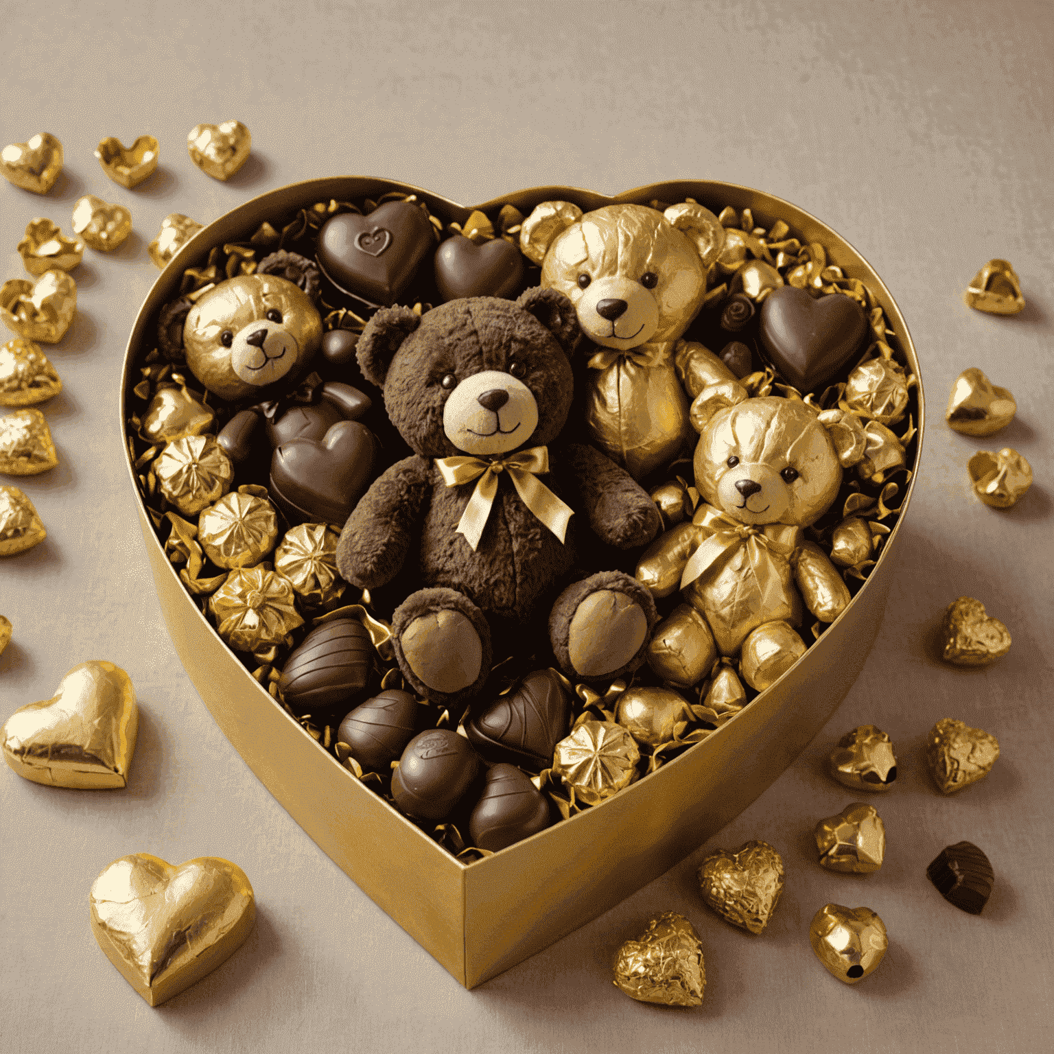 A beautifully arranged gift box containing various chocolate figurines, including a chocolate teddy bear, chocolate heart, and chocolate flowers, nestled in gold tissue paper