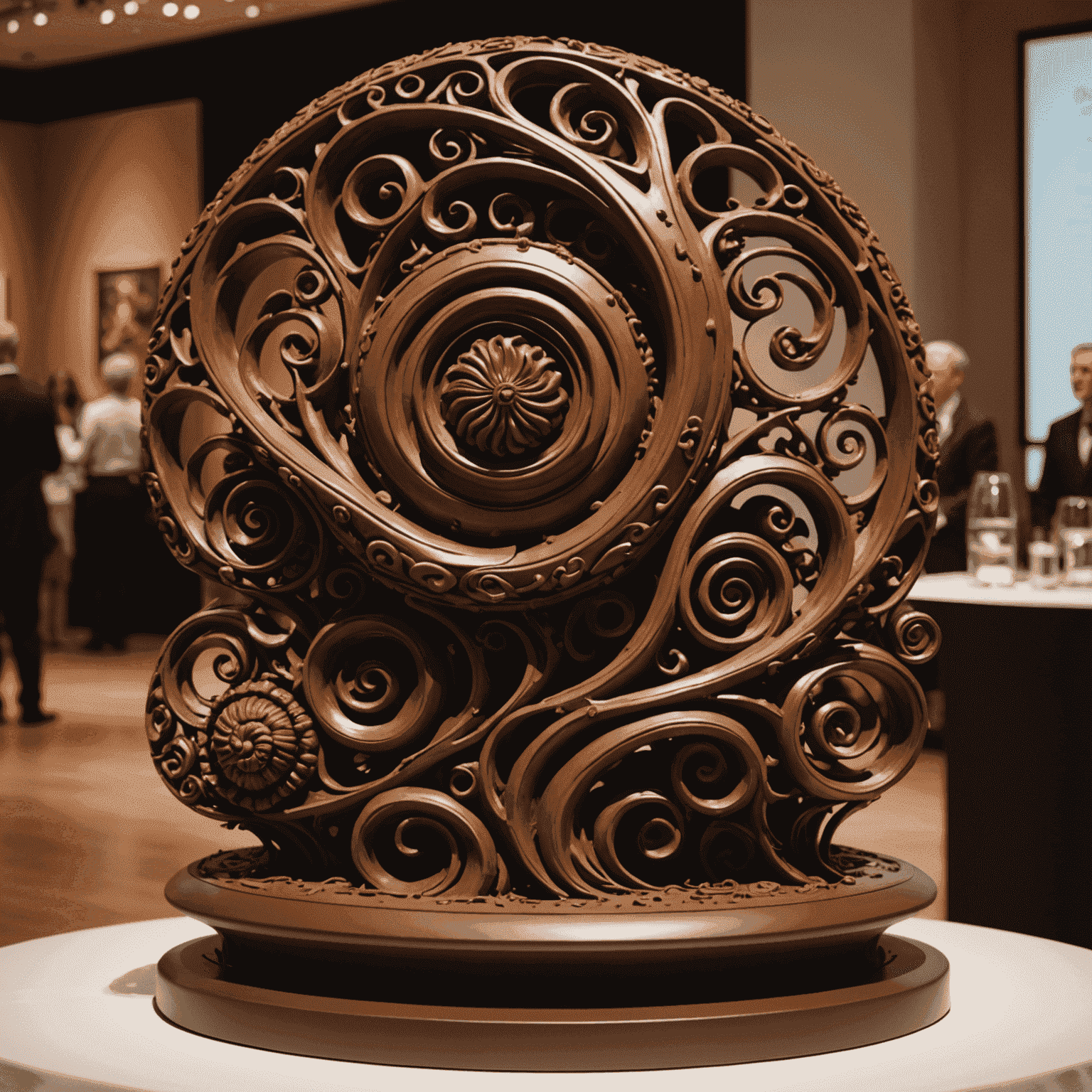 An intricate chocolate sculpture depicting a complex abstract design, with swirls and layers that resemble both natural forms and architectural elements. The sculpture stands on a pedestal, surrounded by judges and onlookers at an international art competition.