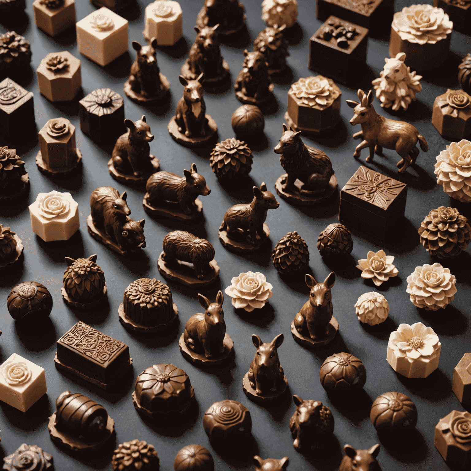 A collection of finished chocolate figurines arranged beautifully on a table. The figurines include animals, flowers, and intricate geometric shapes, showcasing the variety of creations possible in the workshops.