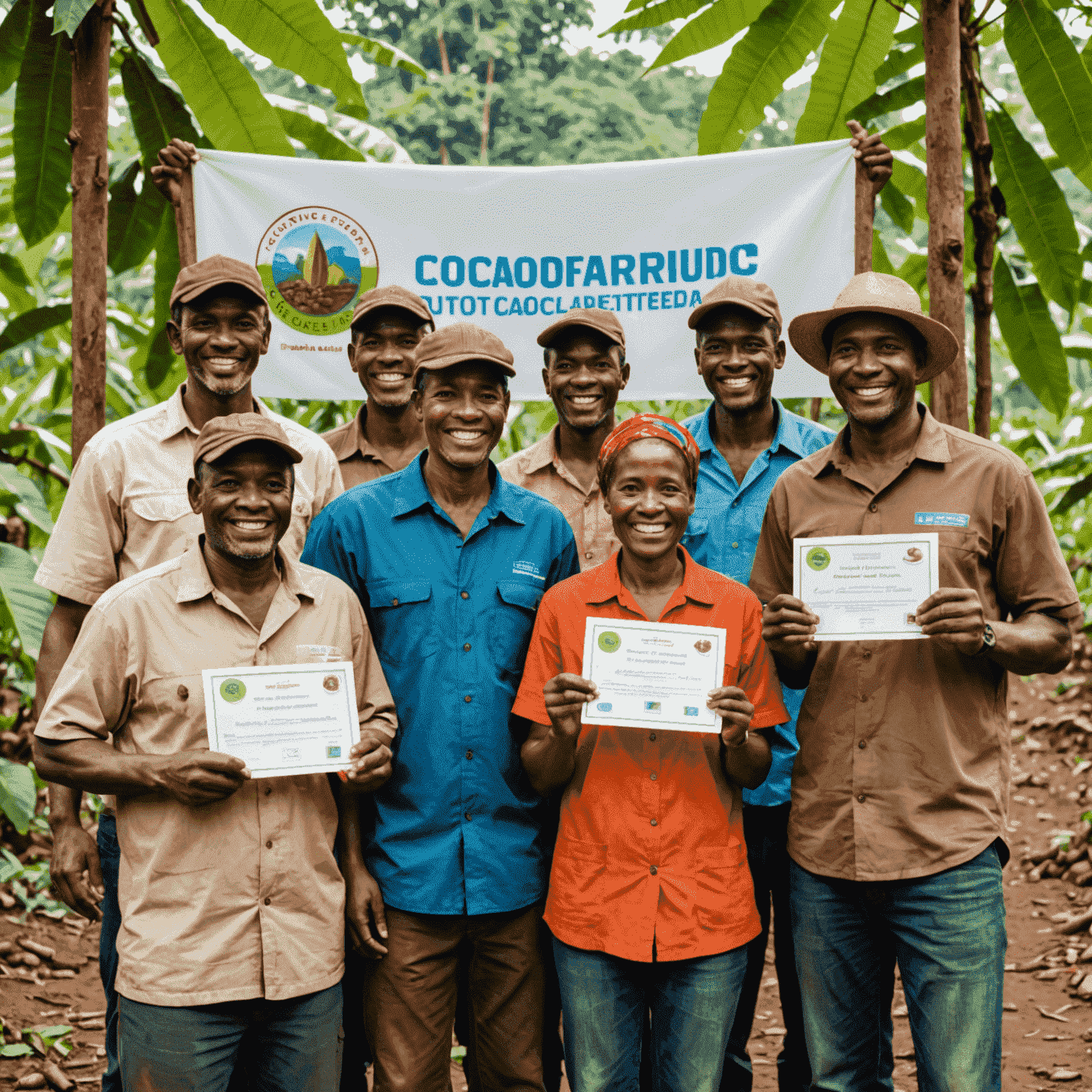 A group of smiling cocoa farmers holding Fairtrade certificates and high-quality cocoa pods, standing in front of a Chocoshaped banner