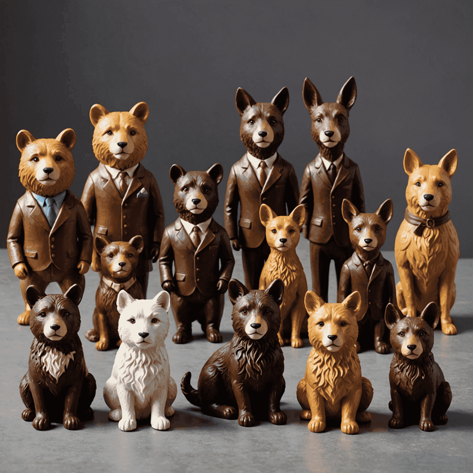 Various custom-made chocolate figurines including animals, characters, and objects, showcasing the diversity and creativity of the service