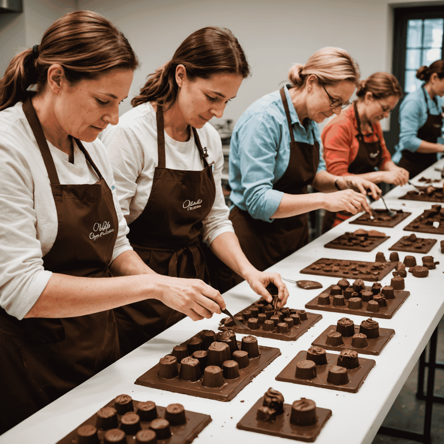 A hands-on chocolate making workshop in progress. Participants are seen tempering chocolate, using molds, and decorating their creations. The image showcases the fun and interactive nature of the custom chocolate figurine experience.