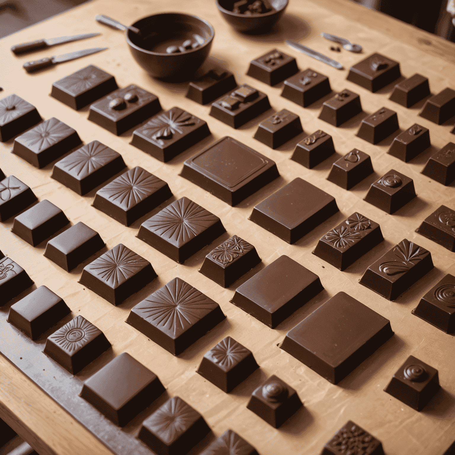 A beginner-friendly chocolate workshop setting with simple molds and tools laid out on a table. Participants are guided by an instructor in creating basic chocolate shapes.