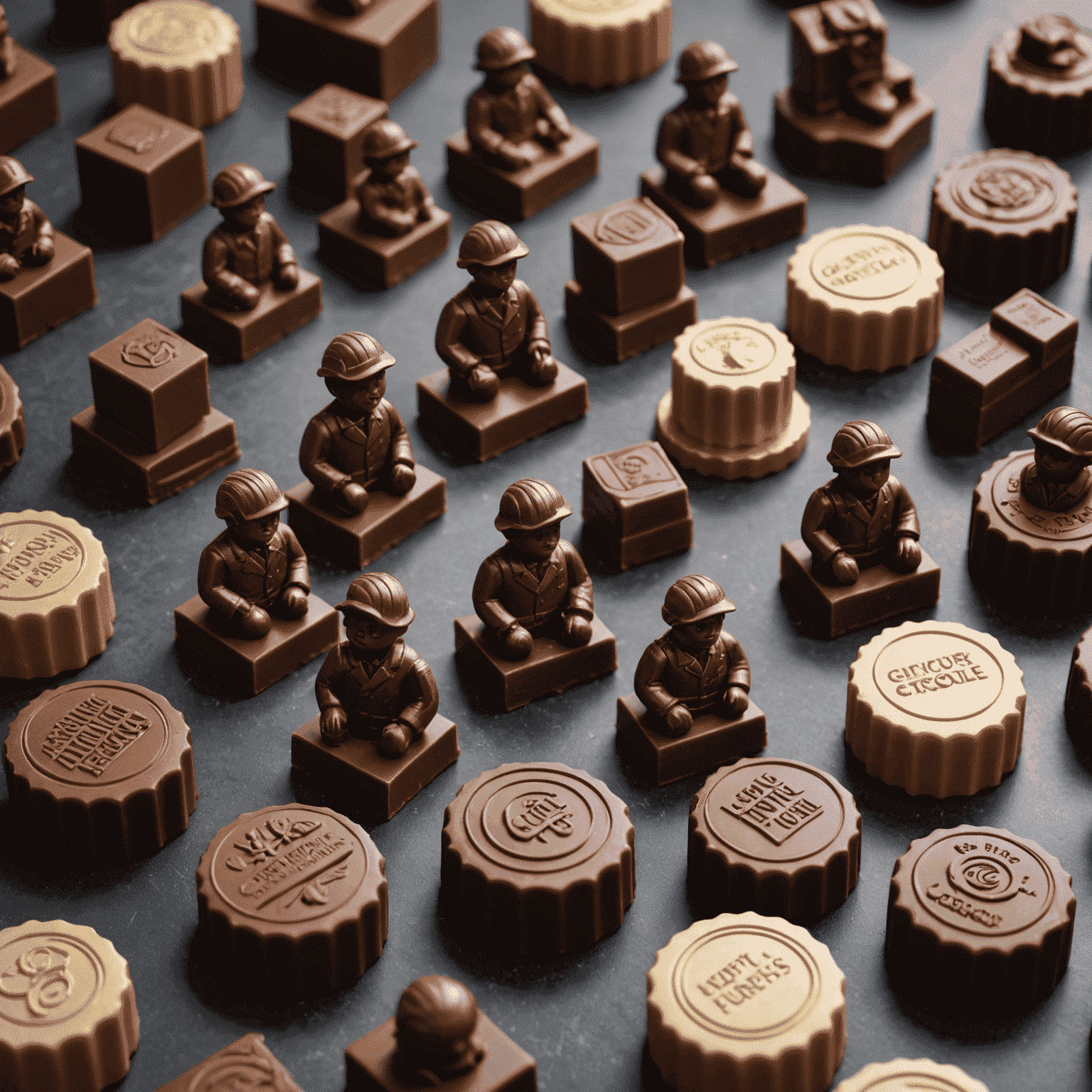 An array of beautifully crafted corporate-themed chocolate figurines, including company logos and industry-related shapes