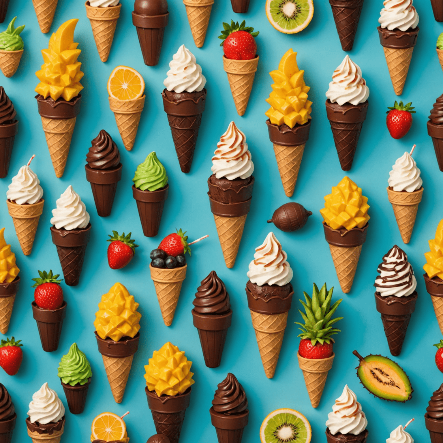 Summer chocolate collection with beach-themed figurines, ice cream cones, and tropical fruits made from chocolate