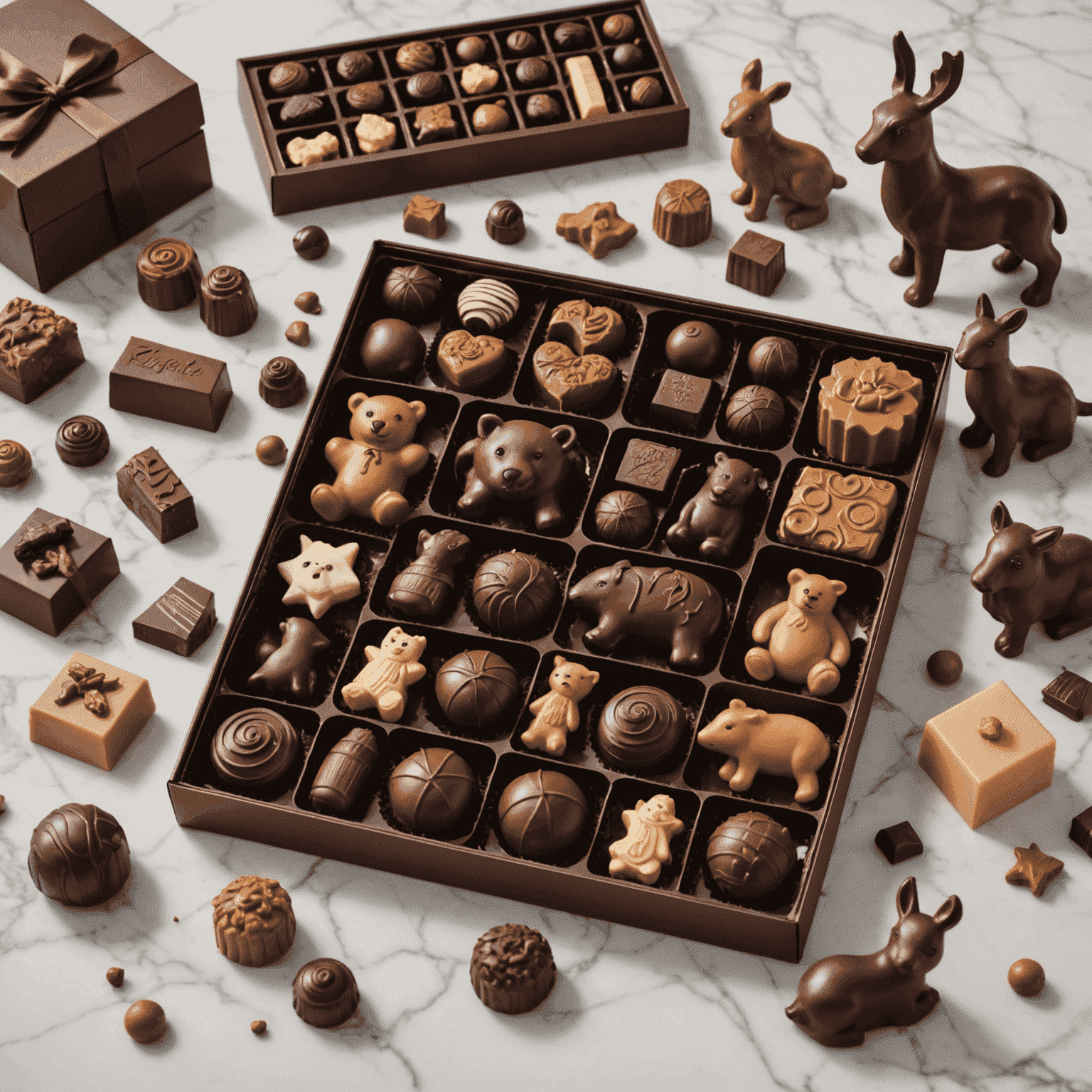 A person selecting various chocolate figurines to create a custom gift package, with an array of chocolate animals, shapes, and decorative elements spread out on a marble countertop