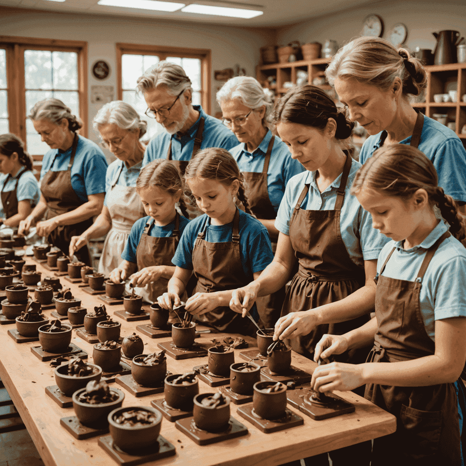 A group of people of various ages participating in a chocolate figurine workshop. They are wearing aprons and working at stations with chocolate molds, melting pots, and decorating tools. The room is bright and filled with creative energy.