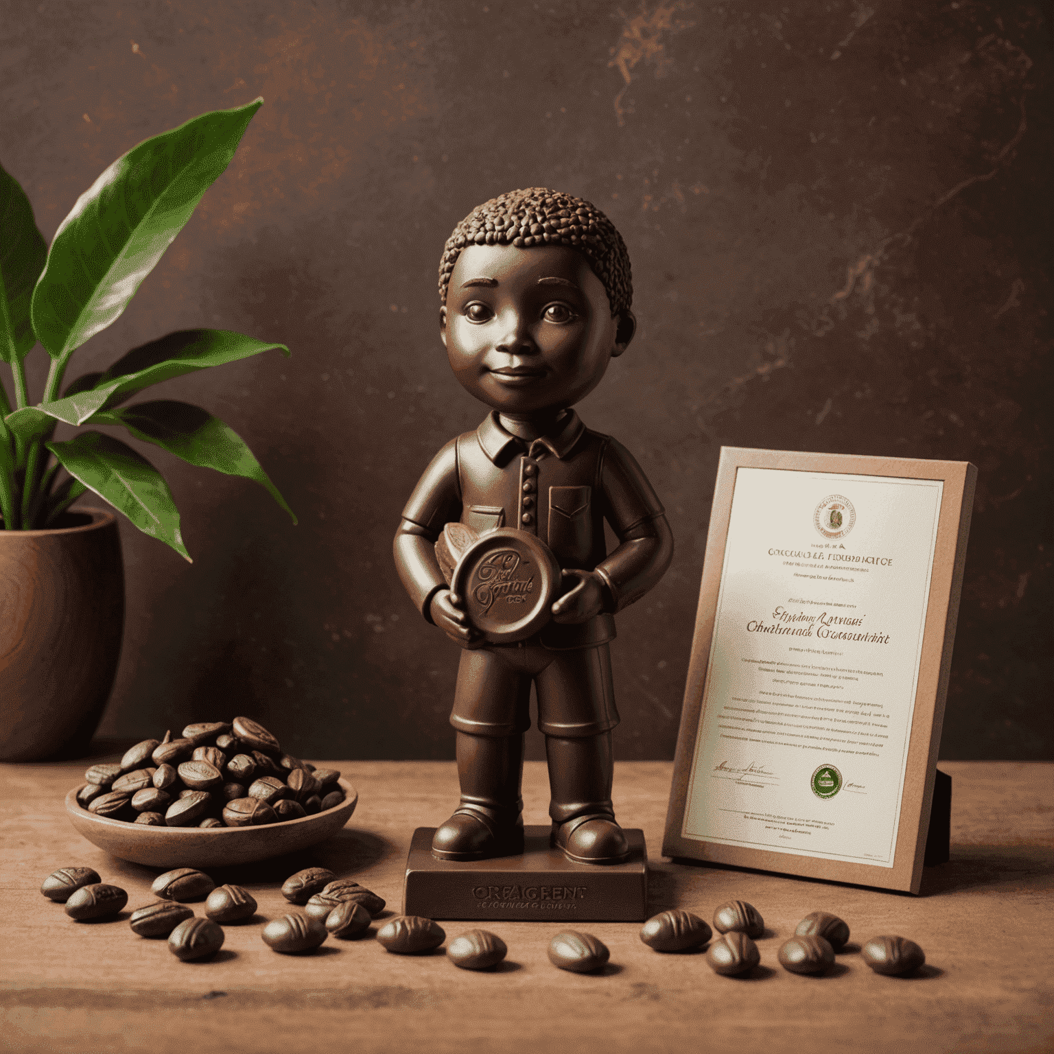 A beautifully crafted chocolate figurine next to ethically sourced cocoa beans and a Chocoshaped sustainability certificate