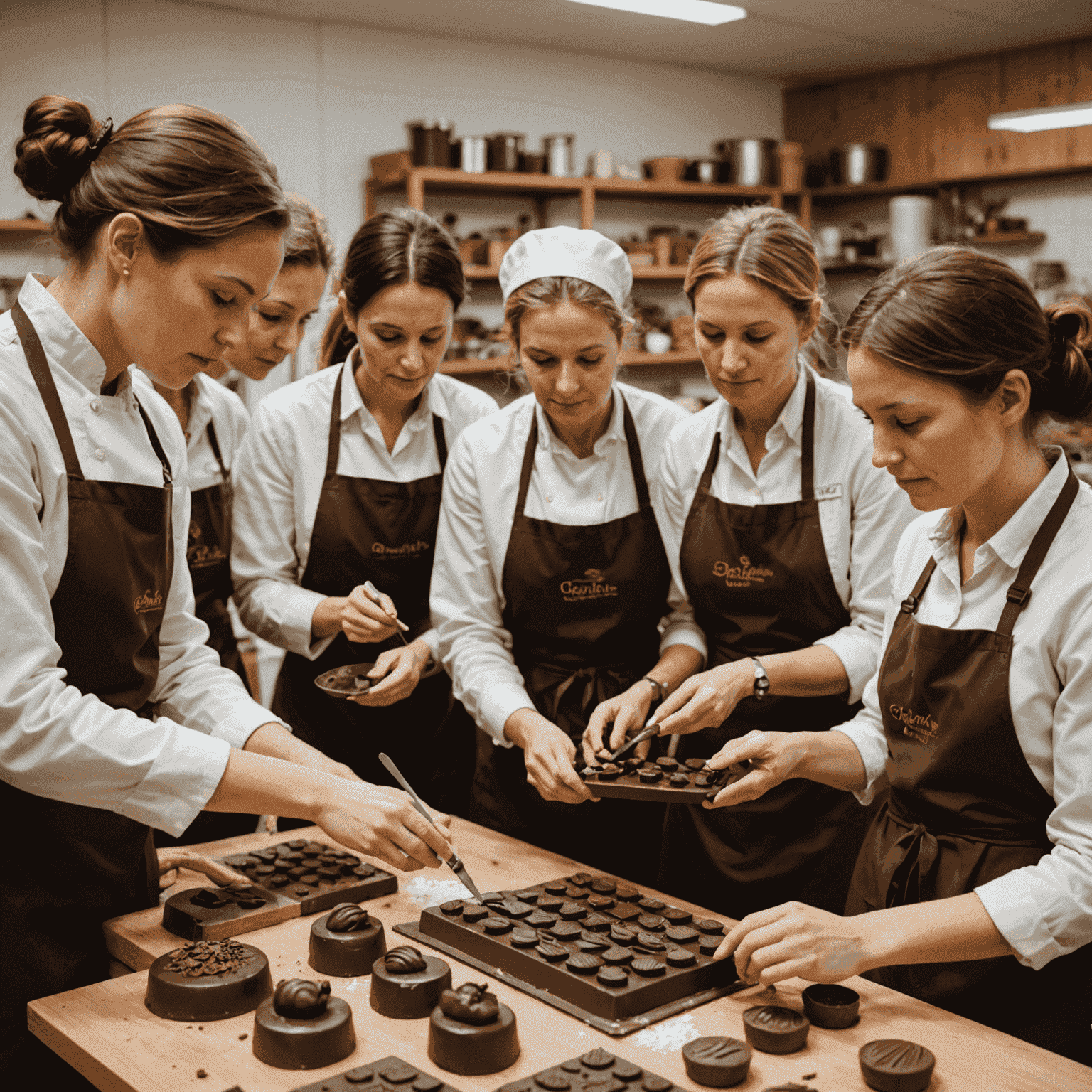 A group of people participating in a chocolate workshop, learning to make figurines with professional guidance