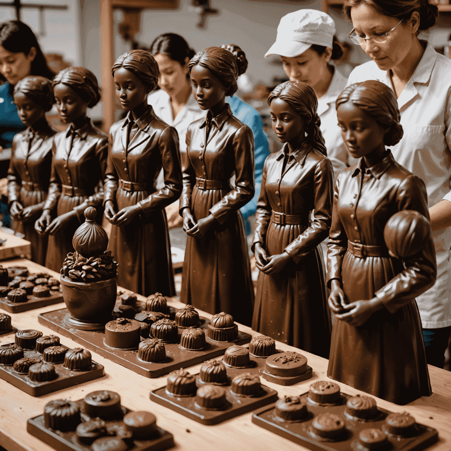An intermediate level chocolate workshop with participants creating more complex figurines. Various chocolate colors and advanced molds are visible.