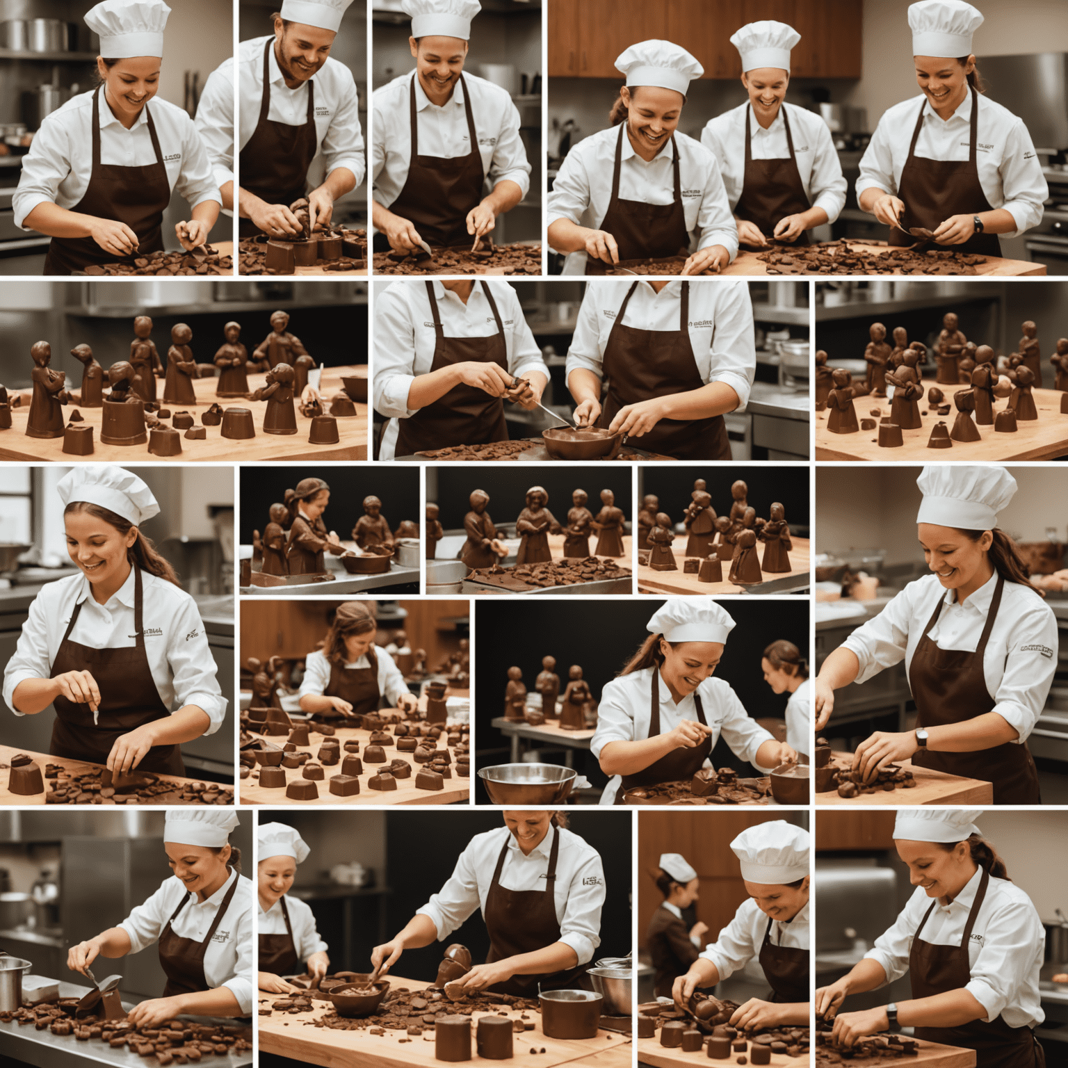 A collage of happy corporate teams engaged in chocolate-making activities, showcasing finished chocolate figurines with company logos