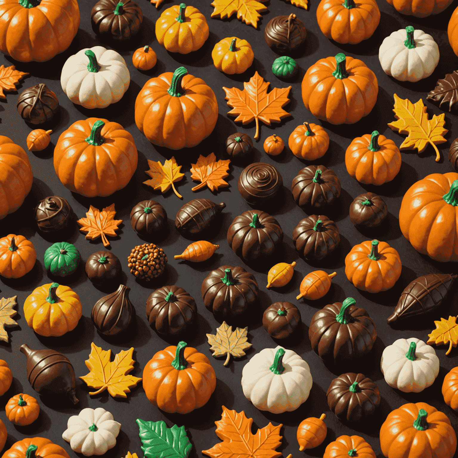 Autumn chocolate collection featuring leaves, pumpkins, and harvest-themed figurines made from rich chocolate