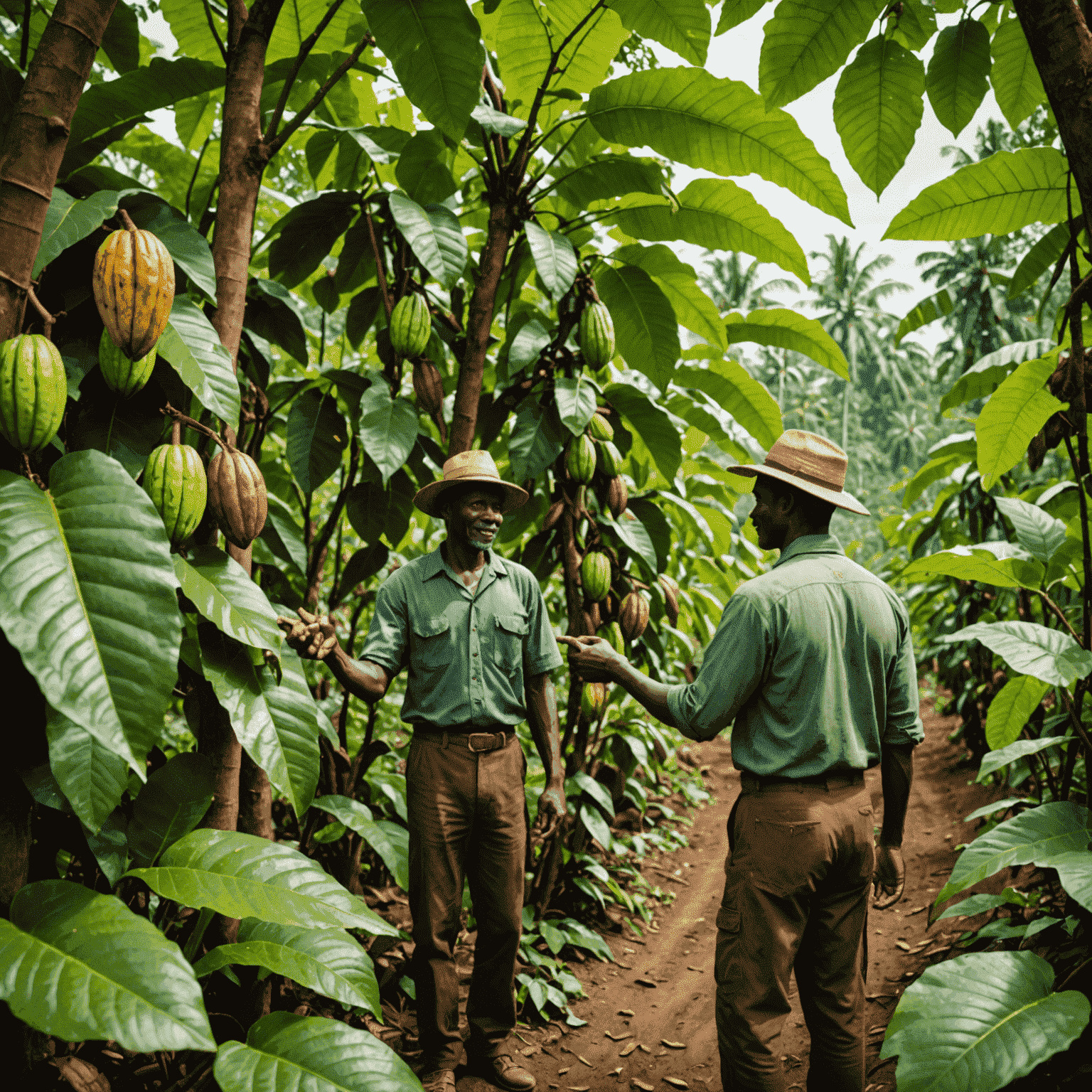 A lush cocoa plantation with farmers tending to cocoa trees. In the foreground, there's a close-up of ripe cocoa pods. To the side, a Chocoshaped representative is shaking hands with a local farmer, symbolizing their ethical partnership.