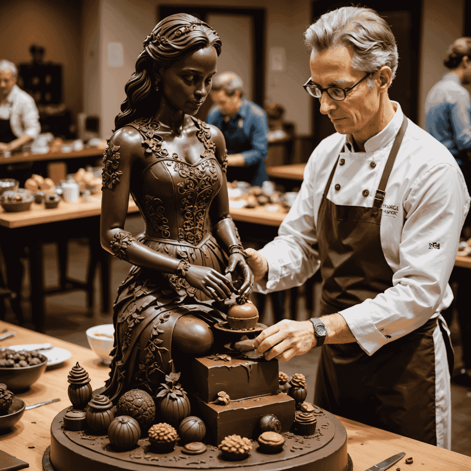 An expert-level chocolate workshop showcasing intricate chocolate sculptures. Participants are using specialized tools to create detailed figurines.