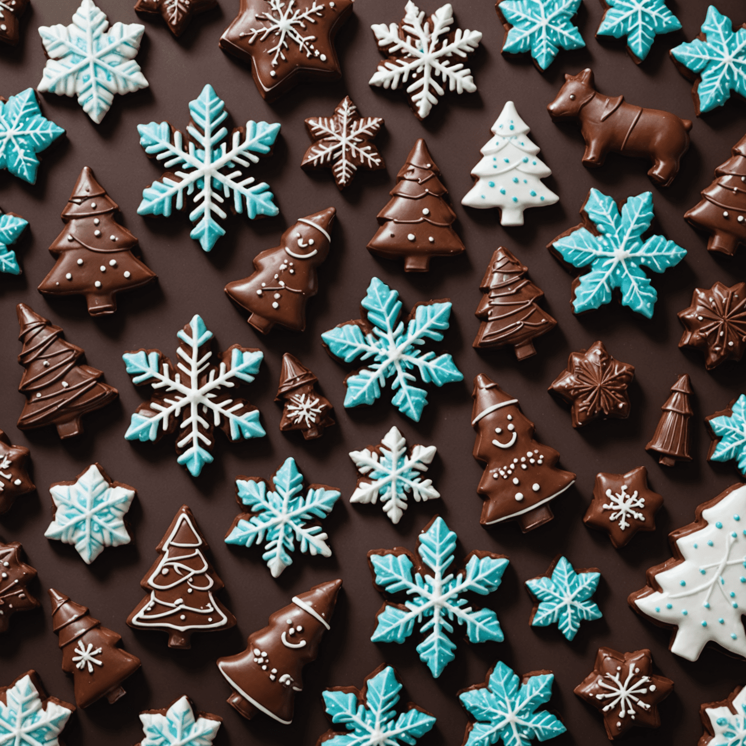 Winter chocolate collection with snowflakes, Christmas trees, and holiday-themed figurines crafted from premium chocolate