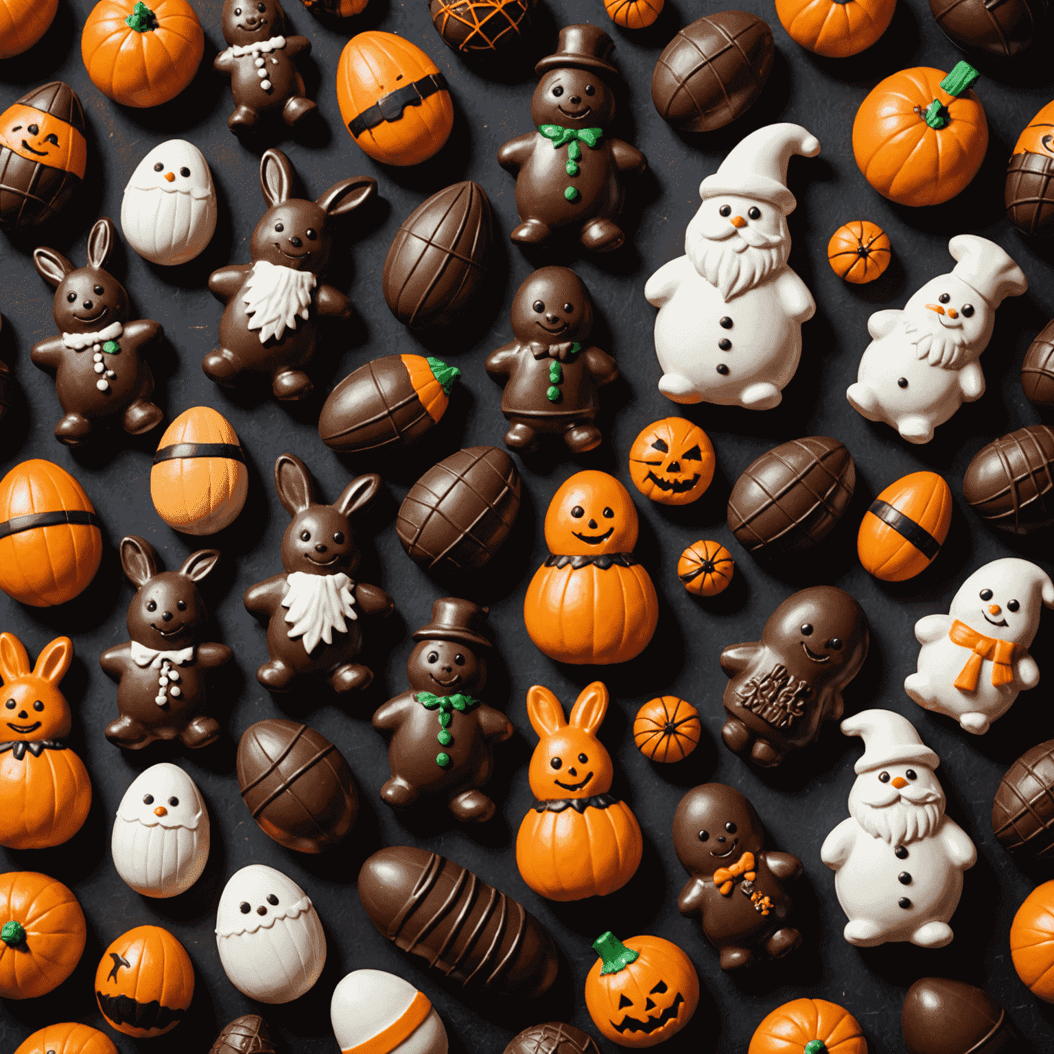 A display of various seasonal chocolate figurines, including Christmas, Easter, and Halloween themed designs