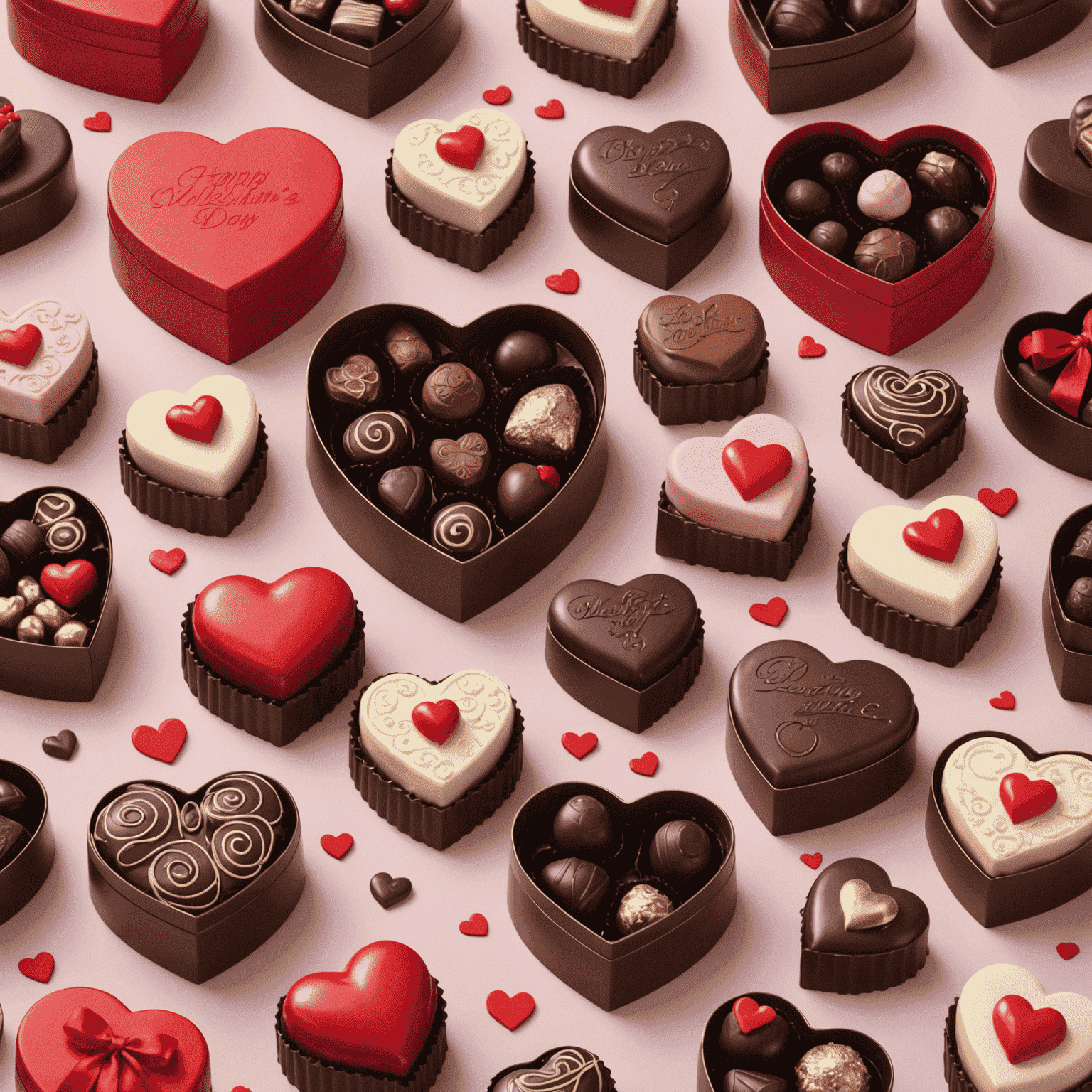 Valentine's Day chocolate collection with heart-shaped boxes, cupids, and romantic figurines made from luxurious chocolate