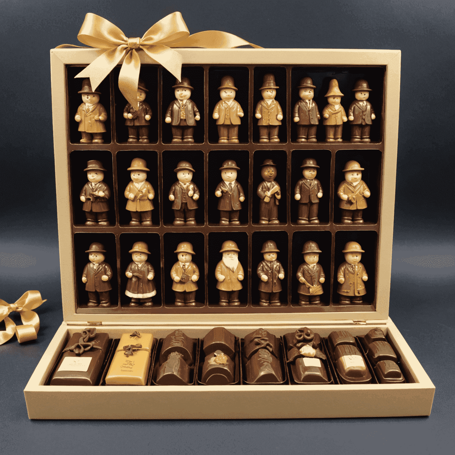 Elegantly packaged gift sets of chocolate figurines, showcasing various themes and designs