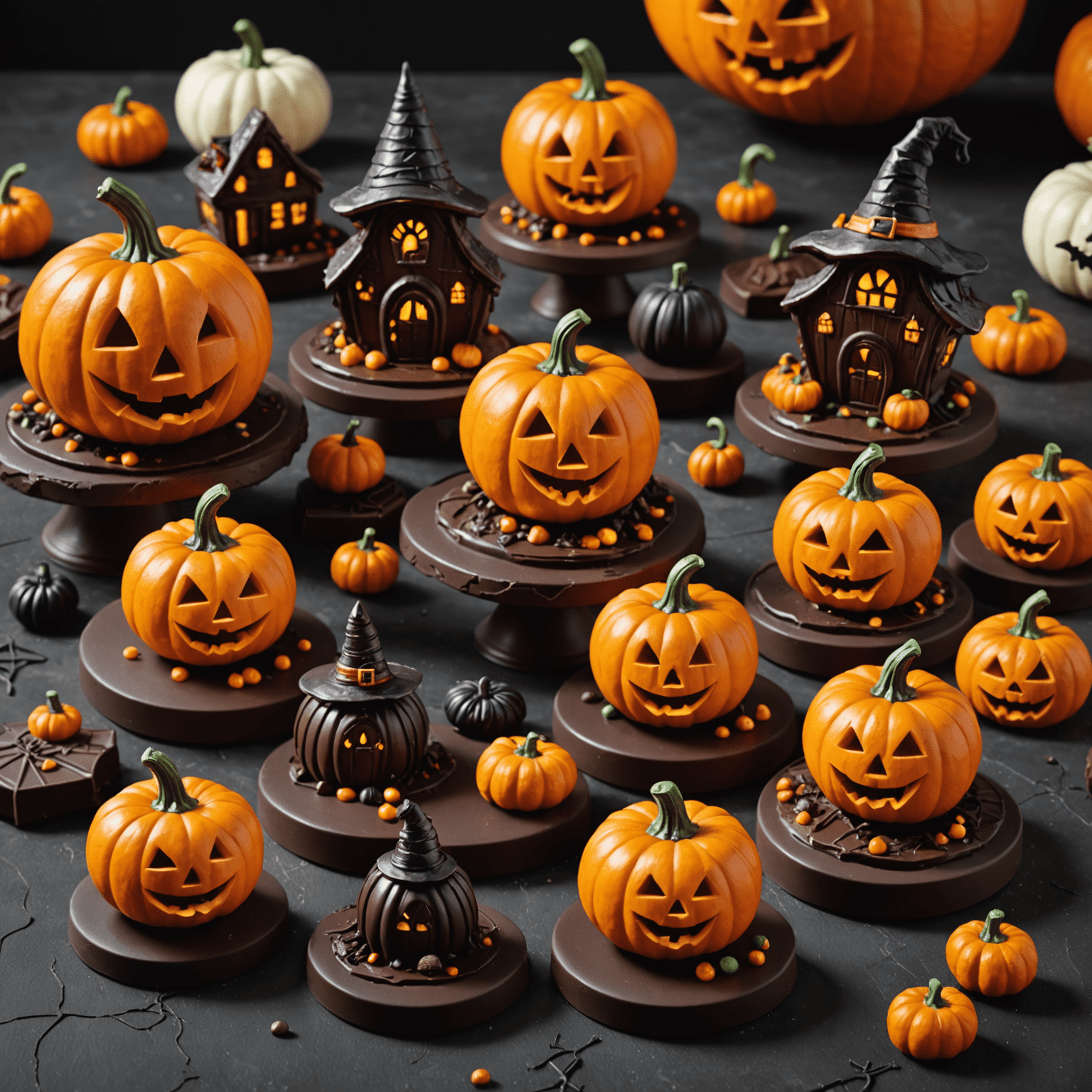 Halloween chocolate collection featuring spooky pumpkins, witches, and haunted house figurines crafted from dark and milk chocolate