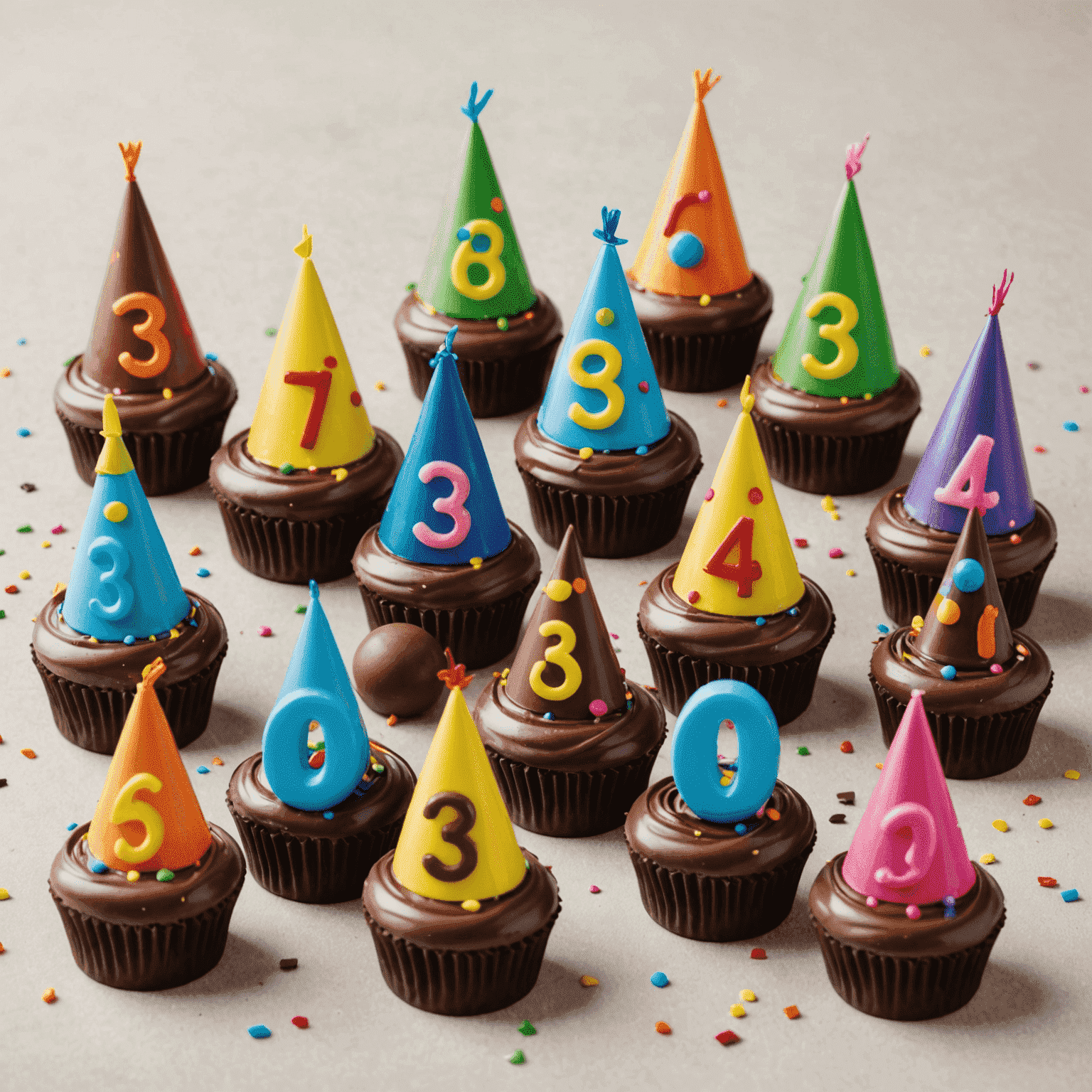 Birthday chocolate collection with customizable age numbers, party hats, and celebratory figurines made from colorful chocolate